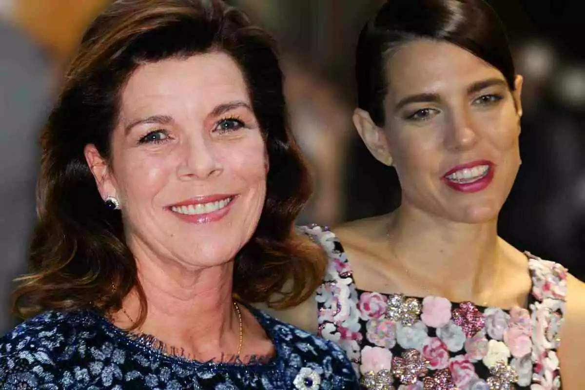 Carolina de Mónaco y Carlota Casiraghi sonrientes posando juntas en un evento formal.