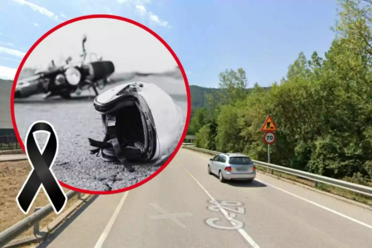 Imatge d´una carretera amb un cotxe i un cartell de límit de velocitat, sobre la qual se superposa un cercle amb una imatge en blanc i negre d´un casc de motocicleta a terra al costat d´una motocicleta caiguda, acompanyat d´un llaç negre de dol.