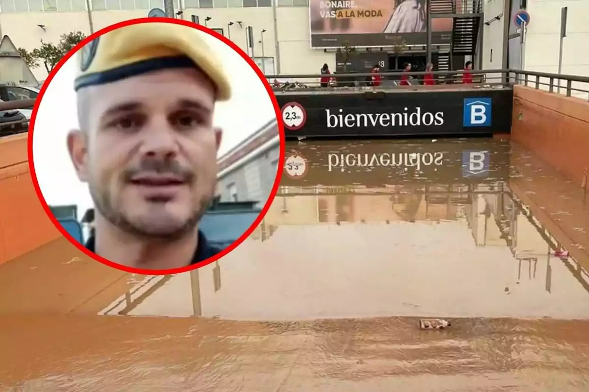 Un home amb boina apareix en un cercle superposat sobre una imatge d?una entrada inundada del Centre Comercial Bonaire de València amb un cartell que diu "benvinguts".