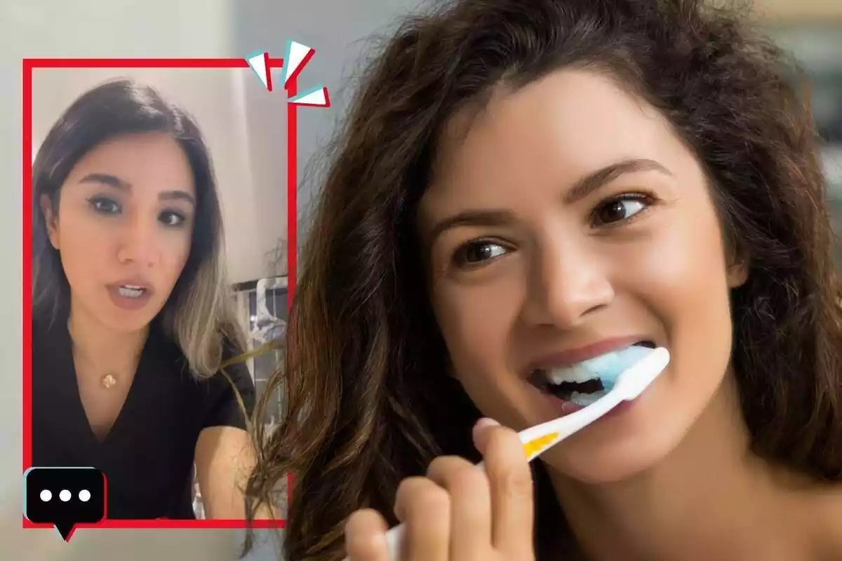 Muntatge de fotos de Shaadi Manouchehri, una odontòloga coneguda a Instagram, i al costat una imatge d'una noia raspallant-se les dents