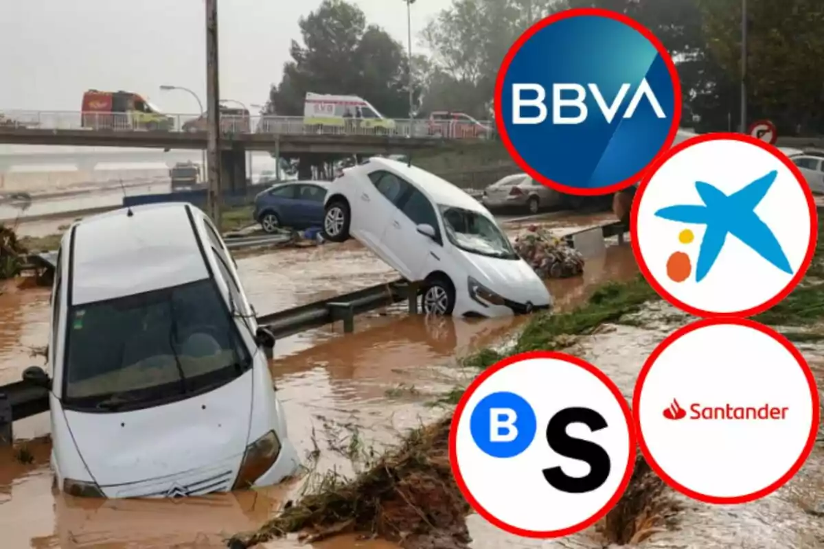 Cotxes atrapats en la inundació provocada per la DANA a la Comunitat Valenciana amb logotips de diversos bancs superposats.