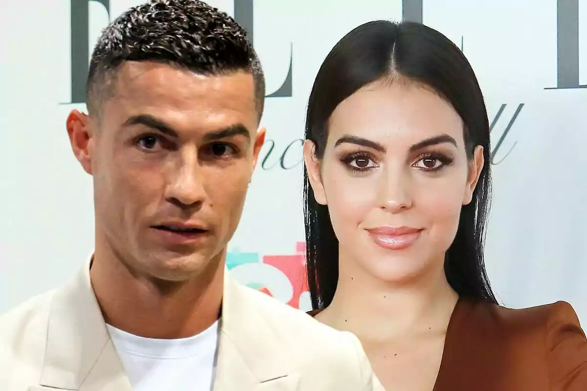 Montage of photos of Cristiano Ronaldo with Georgina Rodríguez in the foreground looking at the camera