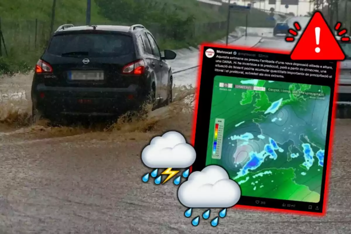 Un cotxe negre circula per una carretera inundada mentre una imatge d?un pronòstic meteorològic mostra una alerta de fortes pluges i tempestes.