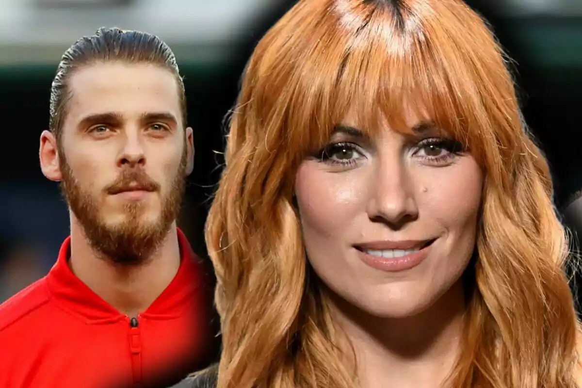 Two people with light brown hair, one is David de Gea with a beard and the other is Edurne with long hair, pose for the camera.