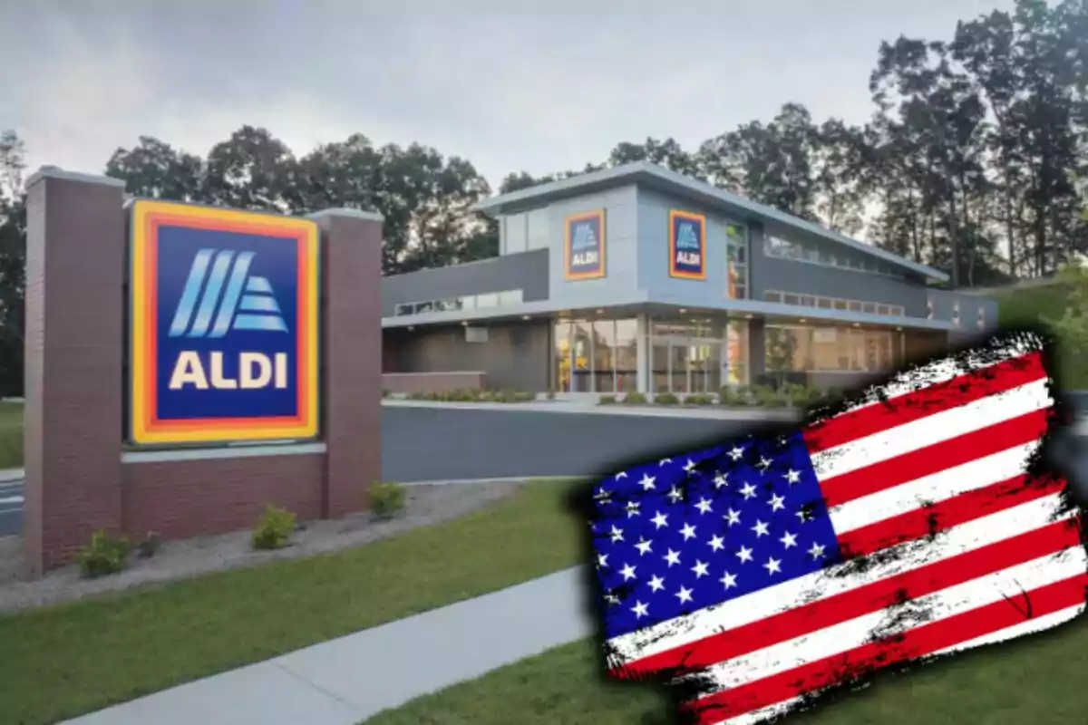 Aldi supermarket store with a large sign and a United States flag in the foreground. Aldi supermarket store with a large sign and a United States flag in the foreground.
