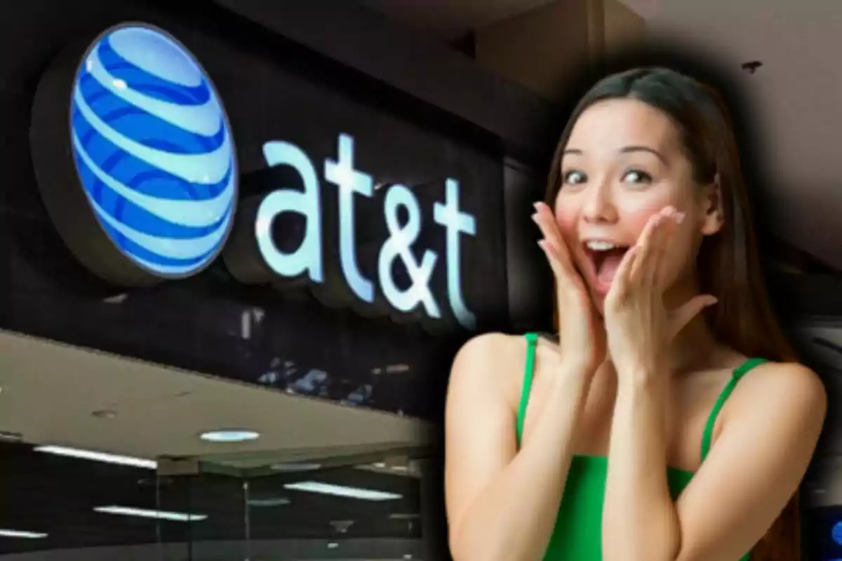 Una persona con expresión de sorpresa frente a un letrero de una conocida empresa de telecomunicaciones de Estados Unidos, AT&T.