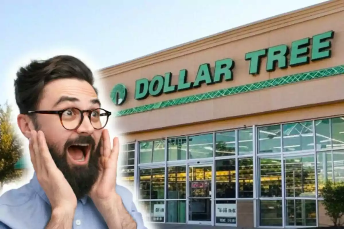 Un hombre con expresión de sorpresa está frente a una tienda Dollar Tree.