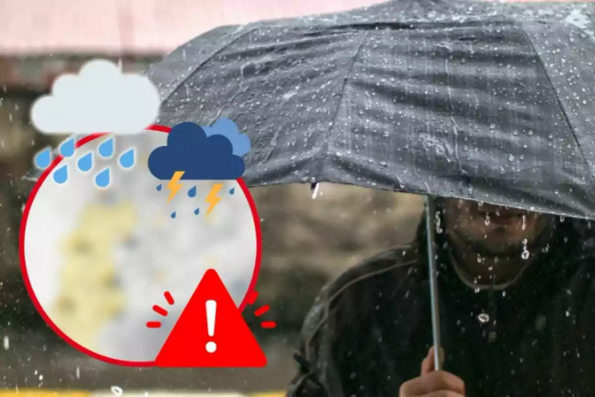 Muntatge de fotos d'un home sota la pluja amb el paraigua obert i, al costat, emojis de pluja i tempesta amb un mapa de Catalunya difuminat