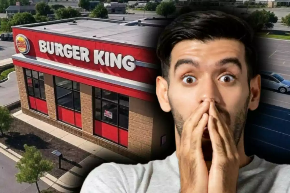 Photo montage of a man surprised in front of a Burger King restaurant.