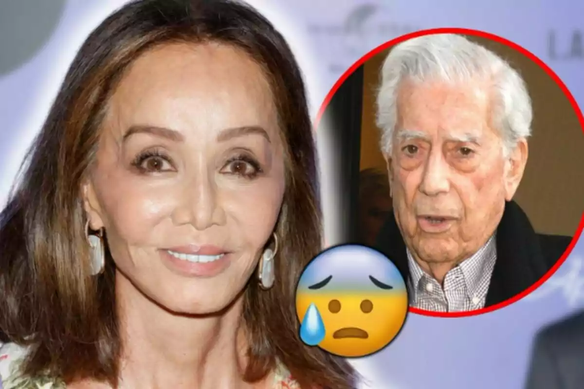 Isabel Preysler somrient amb cabell castany i Mario Vargas Llosa amb cabell canós dins un cercle vermell amb un emoji de cara preocupat.