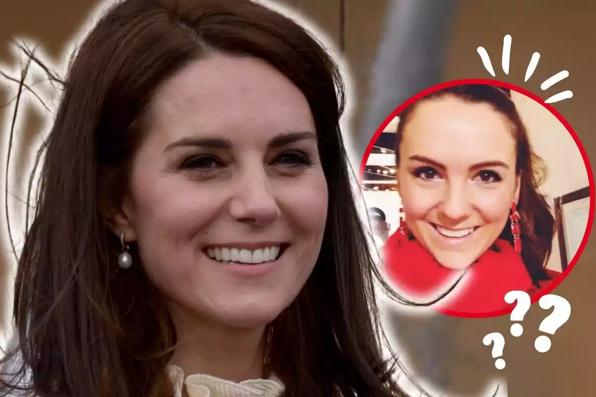 Muntatge de fotos de primer pla de Kate Middleton i Gabriela Munro, totes dues somrients amb signes d'interrogació al costat