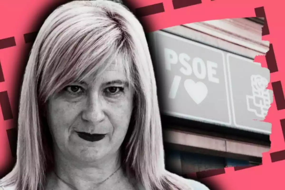 Muntatge de fotos de Leire Díez amb expressió seriosa en primer pla amb un fons en tons rosats i un cartell del PSOE desenfocat.