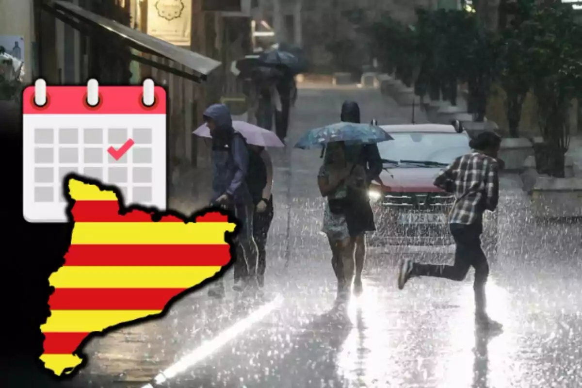 Persones caminant sota la pluja amb paraigües a un carrer, al costat d'un calendari i un mapa de Catalunya.