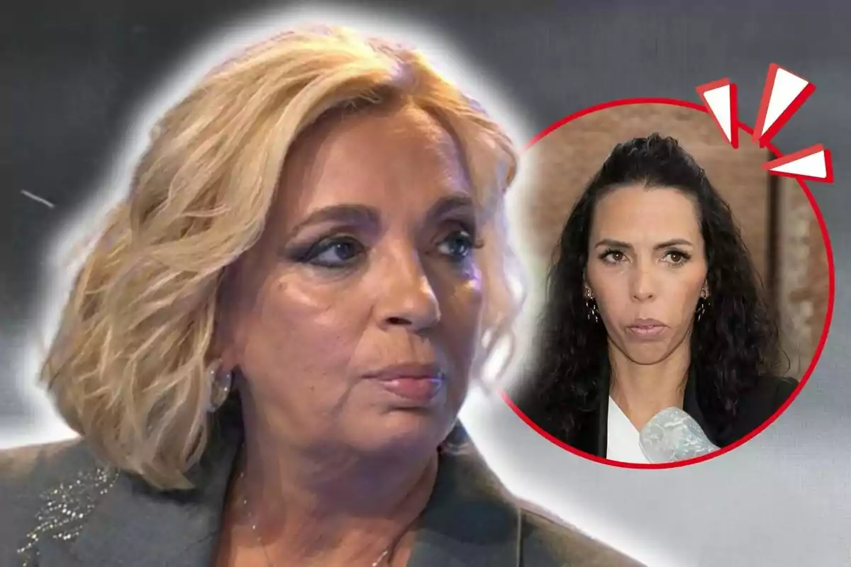 Carmen Borrego amb expressió seriosa en primer pla i, al costat, amb una imatge circular una imatge de Paola Olmedo amb expressió seriosa a la cantonada superior dreta.