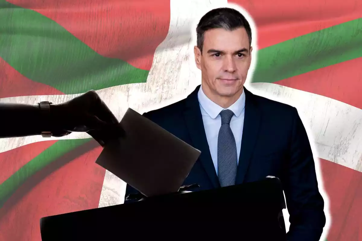 Muntatge de fotos d?una imatge de Pedro Sánchez amb una urna al davant i, de fons, la bandera d?Euskadi