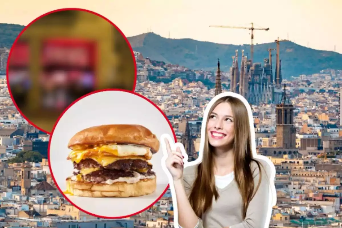 Muntatge de fotos duna persona contenta assenyalant una hamburguesa i, de fons, un plànol general de Barcelona