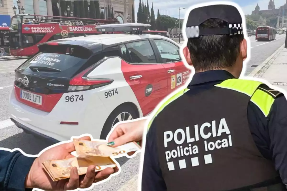 Muntatge de fotos d?un policia local d?esquena, unes mans agafant diners i de fons un cotxe de control fotogràfic a Barcelona