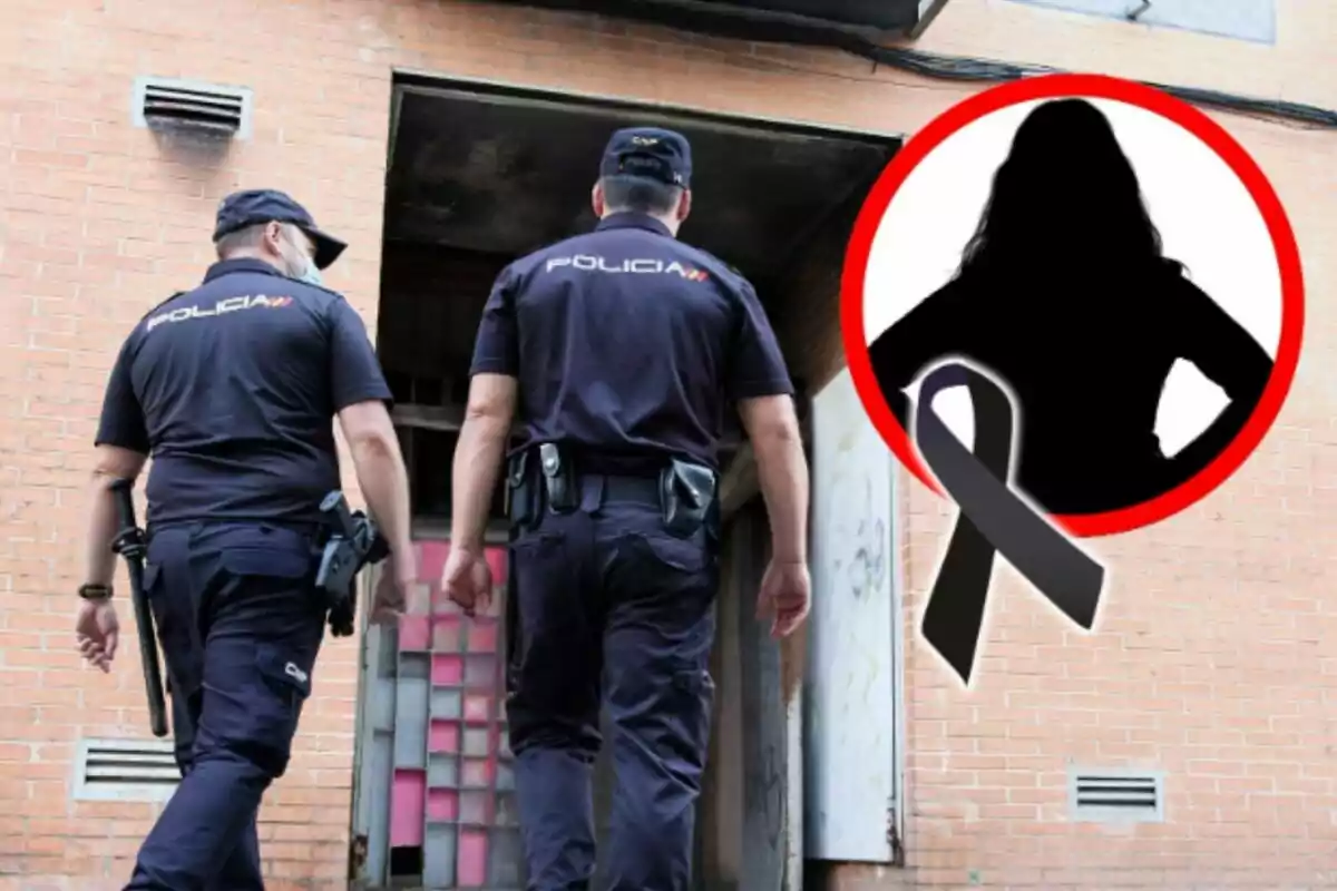 Two police officers entering a building with a graphic of a woman's silhouette and a black ribbon in the corner.