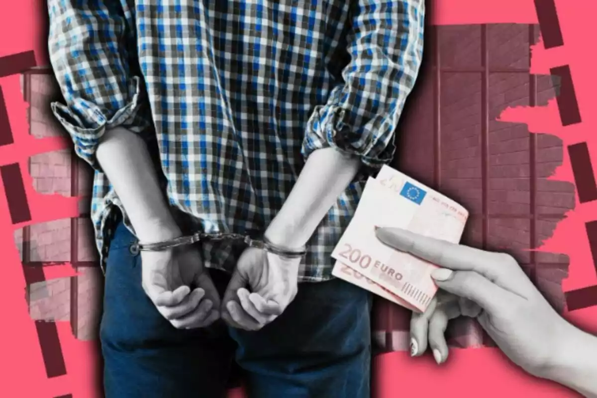 Una persona emmanillada d'esquena amb una mà oferint bitllets de 200 euros sobre un fons vermell.
