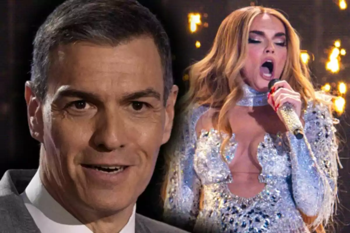 Muntatge de fotos de Pedro Sánchez somrient en primer pla i Melody cantant amb un micròfon a Eurovisió 2025 al fons, tots dos en un ambient il·luminat. Muntatge de fotos de Pedro Sánchez somrient en primer pla i Melody cantant amb un micròfon a Eurovisió 2025 al fons, tots dos en un ambient il·luminat.