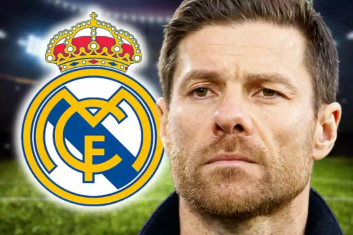 Photo montage of Xabi Alonso with a serious expression looking forward, with the Real Madrid crest in the background in a brightly lit football stadium.