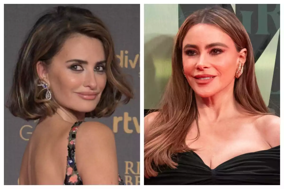 Dos mujeres posando en una alfombra roja -que son Sofía Vergara y Penélope Cruz- con vestidos elegantes y peinados sofisticados.