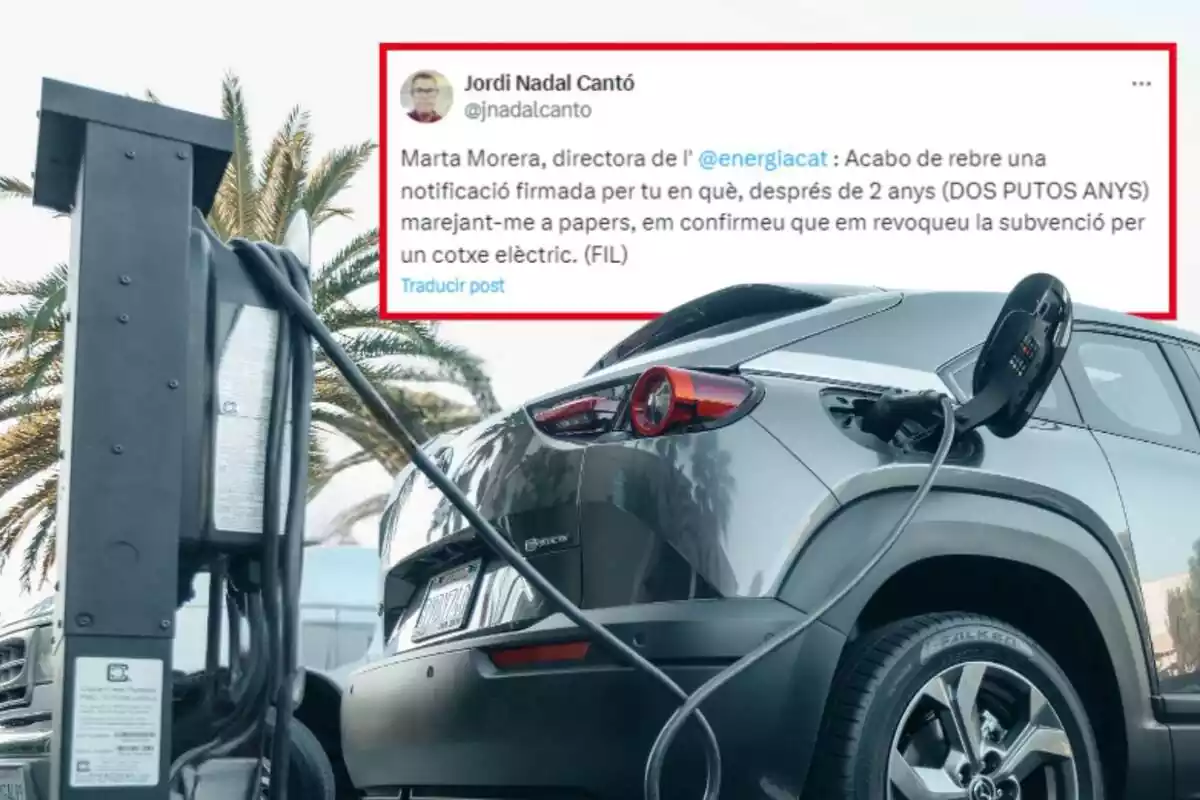 Muntatge de fotos d'un cotxe elèctric carregant-se i, al costat, la captura de pantalla del tweet d'un usuari