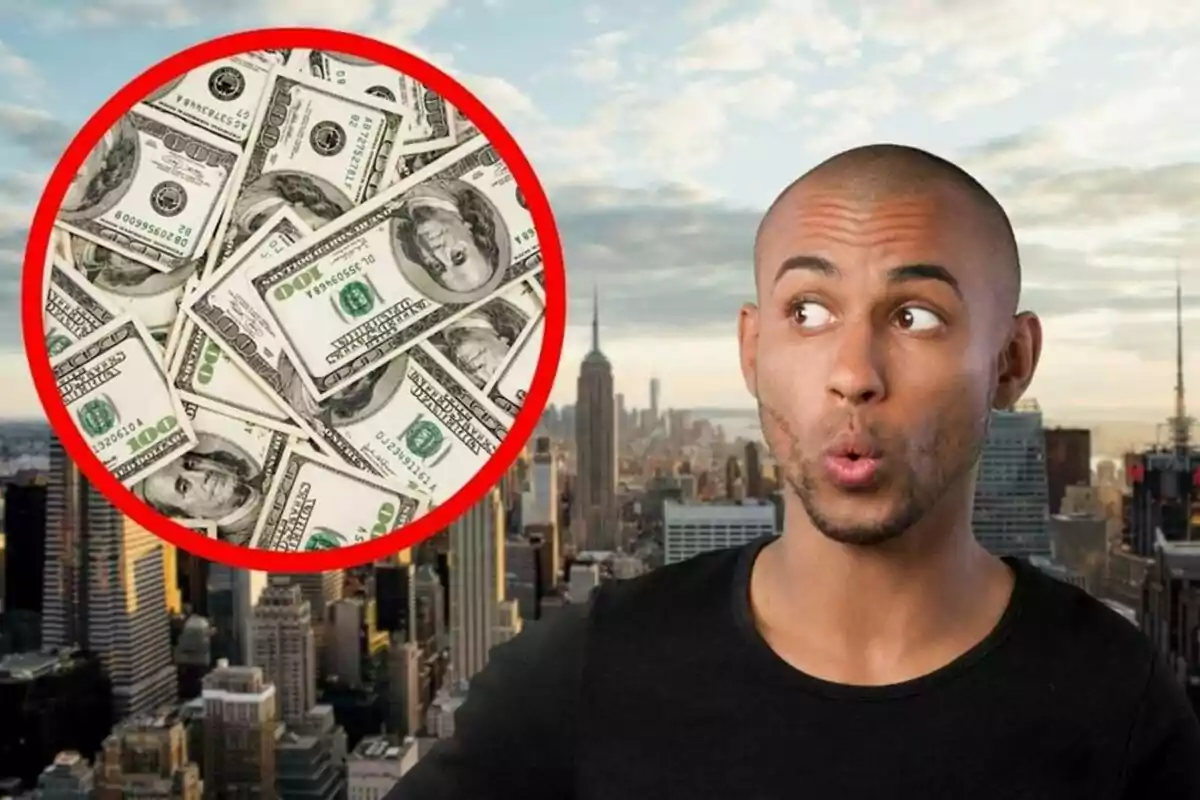 A man with a surprised expression looks at a red circle containing hundred-dollar bills, with a background of city skyscrapers.