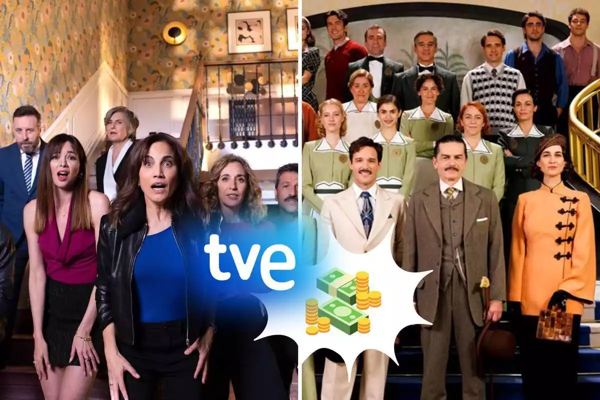 Muntatge de fotos amb l'elenc d'actors de la sèrie '4 estrellas' i 'La Moderna' juntament amb el logotip de TVE i una icona de bitllets i monedes