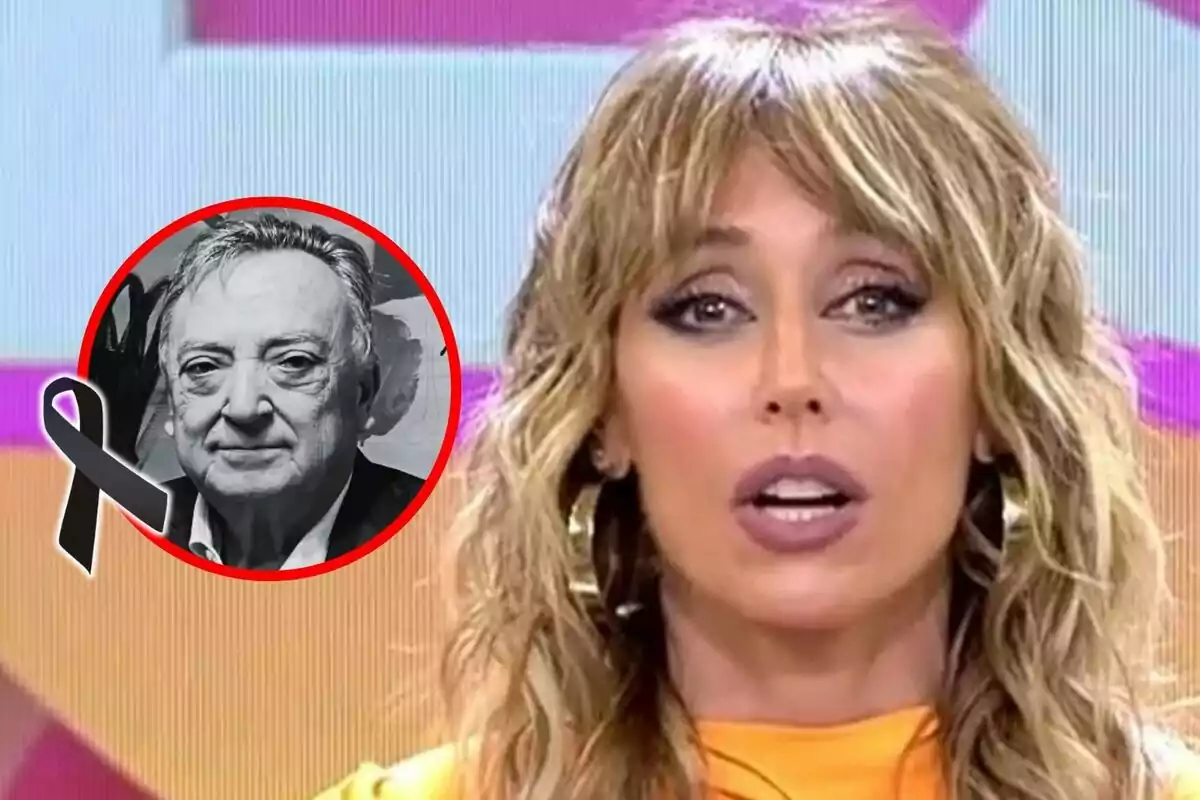 Emma García amb expressió seriosa en un programa de televisió i un requadre amb la imatge en blanc i negre de Miguel Burdeos amb un llaç negre.