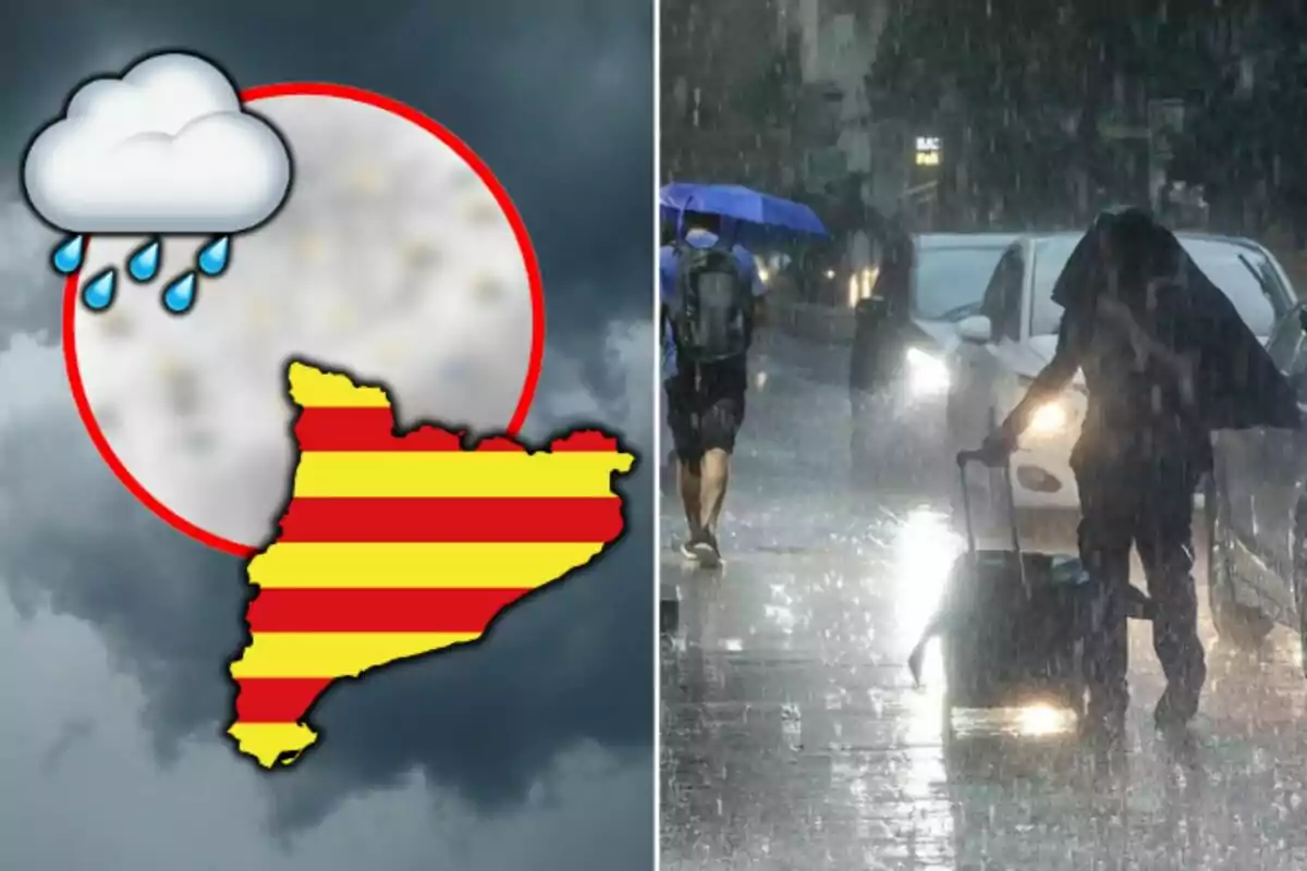 Mapa de Catalunya amb icona de pluja i persones caminant sota la pluja a un carrer.