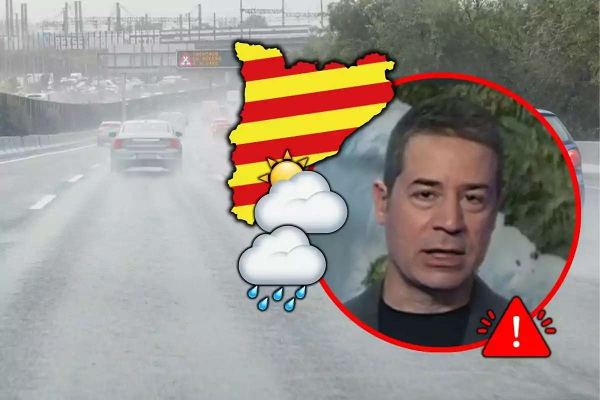 Enric Agud apareix en un cercle vermell sobre una carretera plujosa amb un mapa de Catalunya i símbols de clima ennuvolat i plujós.