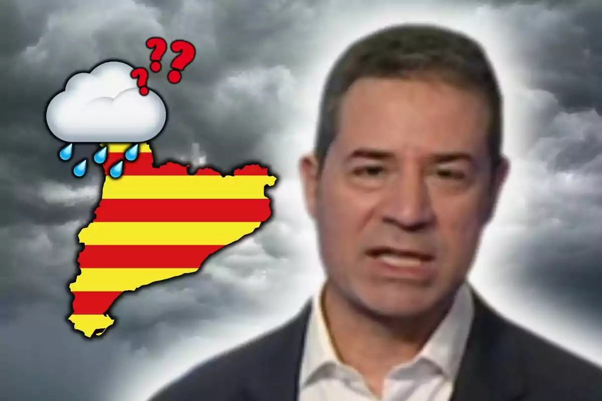 Muntatge de fotos d'Enric Agud davant d'un fons ennuvolat amb un mapa de Catalunya en colors de la bandera catalana i una icona de núvol amb gotes de pluja i signes d'interrogació.