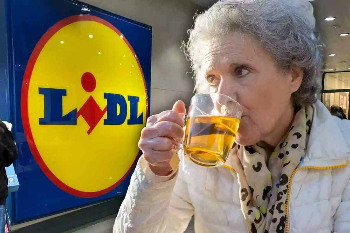 An elderly person drinking from a transparent cup in front of a Lidl sign.