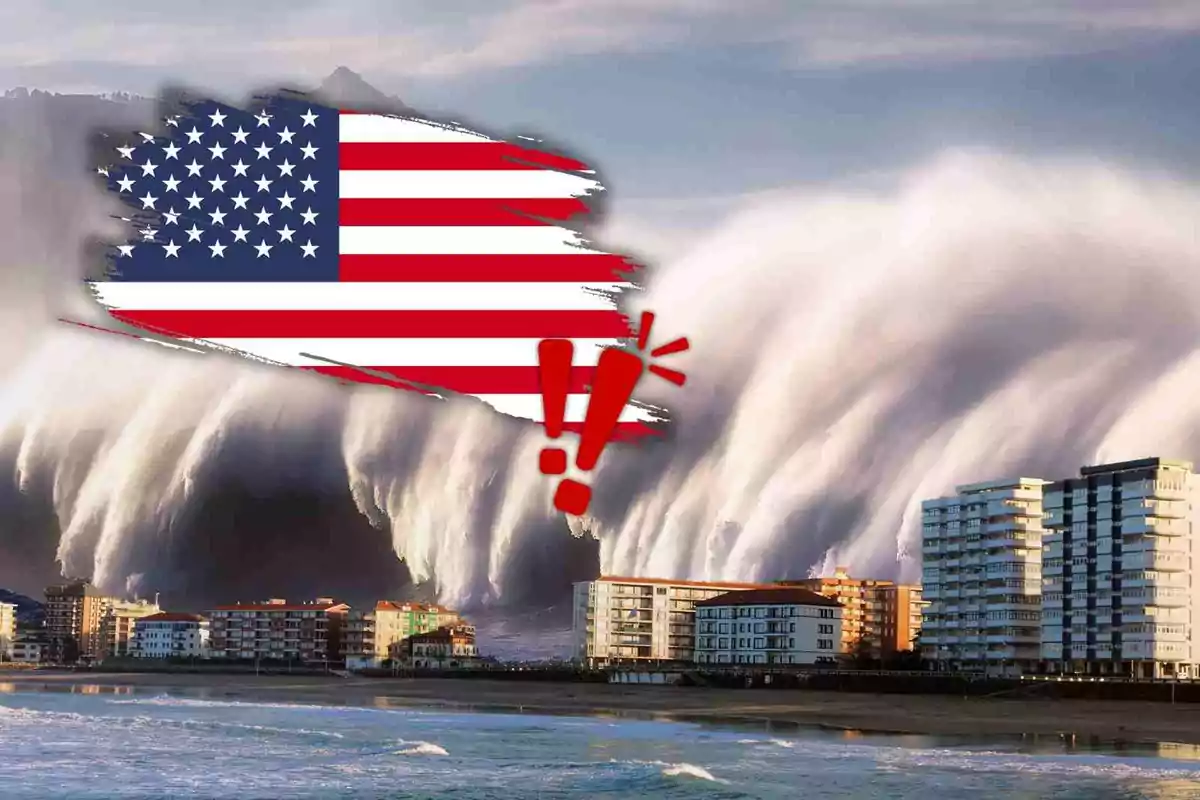 A large threatening wave approaches a coastal city with tall buildings, while a United States flag and exclamation marks appear superimposed on the image.