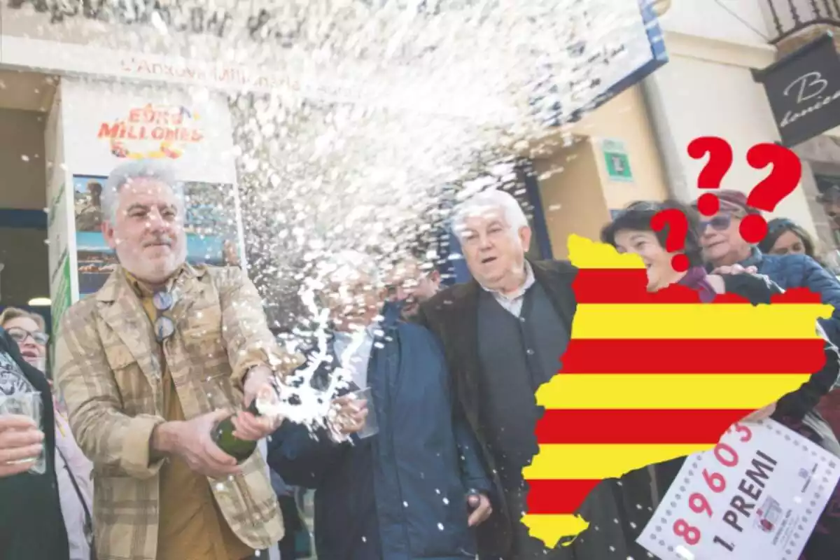 Muntatge de fotos de persones celebrant que els ha tocat la Loteria del Nen a la porta d'una Administració i, al costat, la silueta de Catalunya amb interrogants al costat