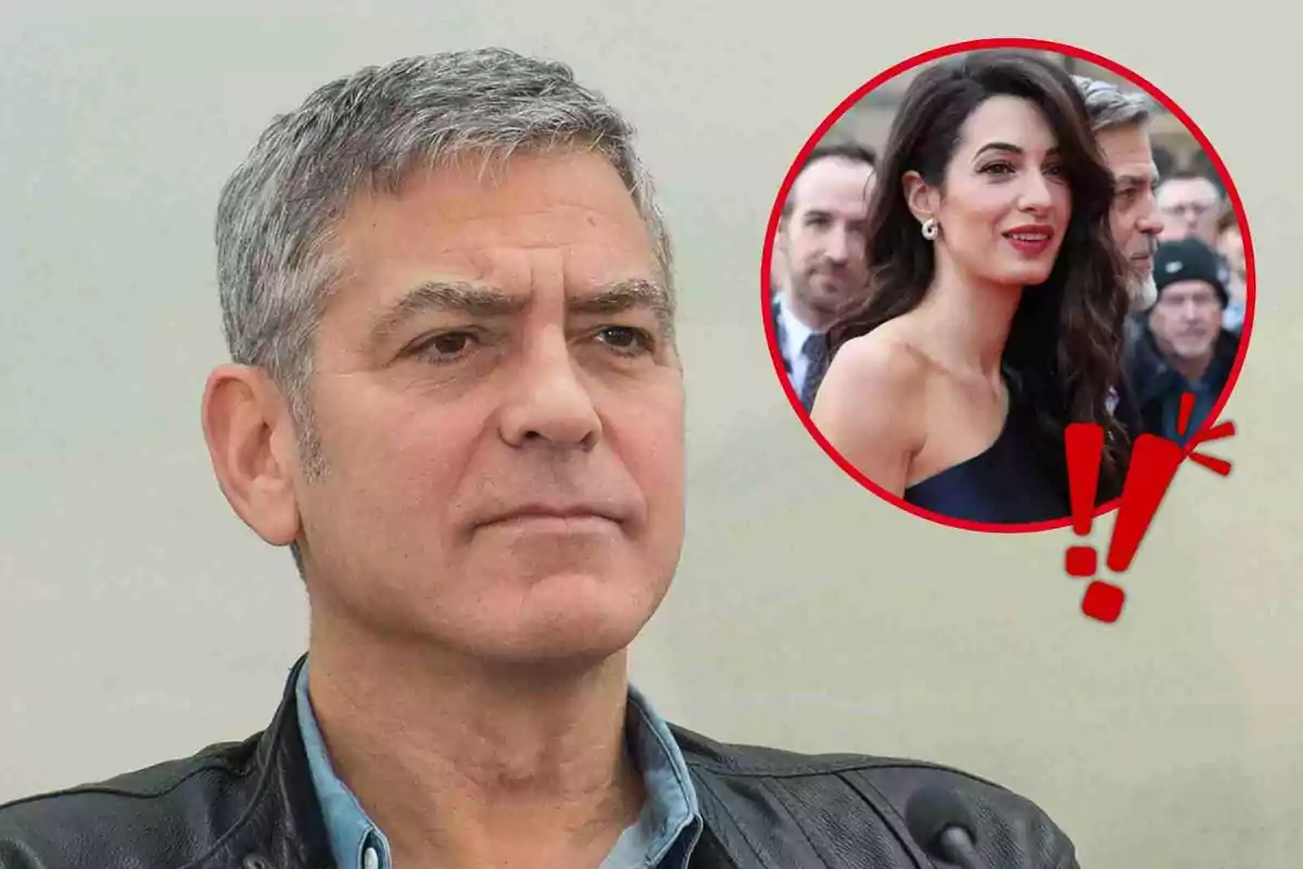 George Clooney with a serious expression appears in the foreground, while in the upper right corner there is a red circle with Amal Clooney smiling.