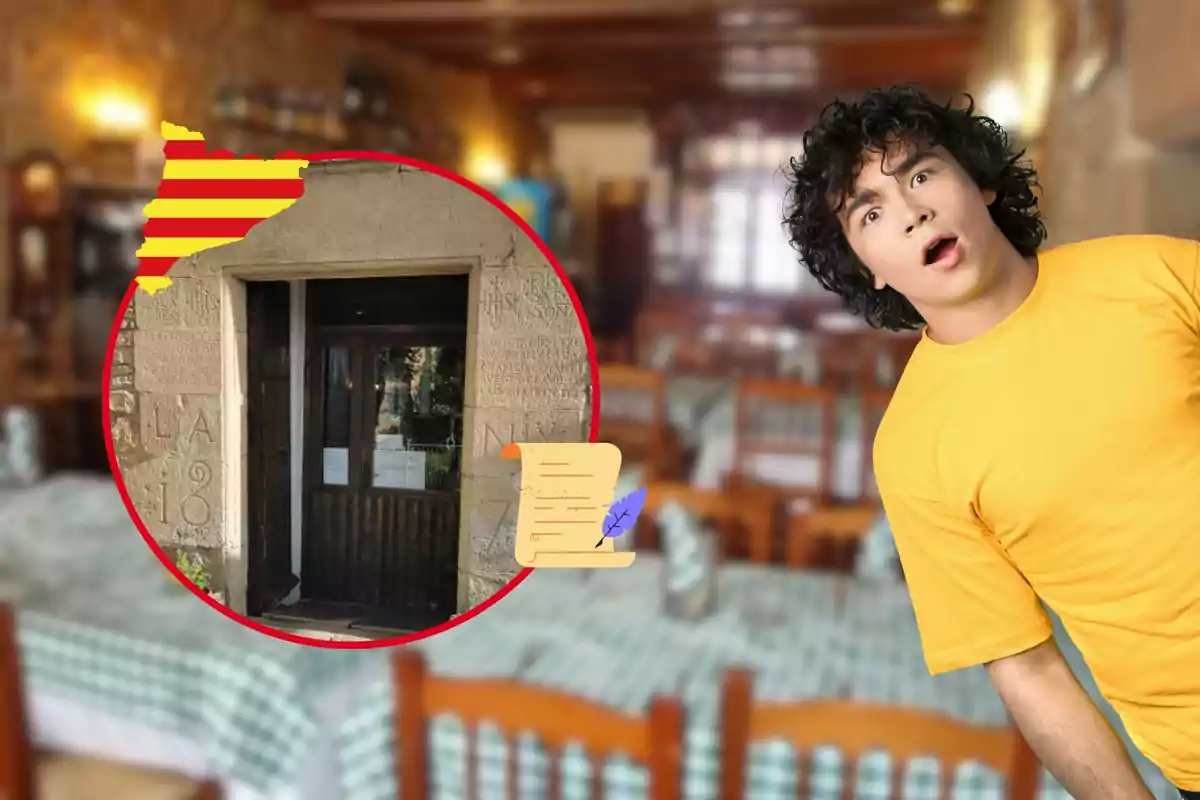 Un jove amb samarreta groga sembla sorprès mentre es troba en un restaurant amb estovalles a quadres verds i blancs; a la imatge també es mostra una porta antiga emmarcada per un cercle vermell, amb un mapa de Catalunya i un pergamí amb una ploma.