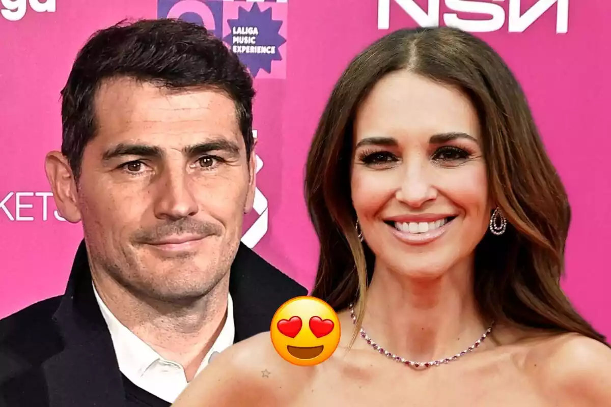 Muntatge de fotos en primer pla d'Iker Casillas i Paula Echevarría somrient amb una emoticona amb ulls de cor