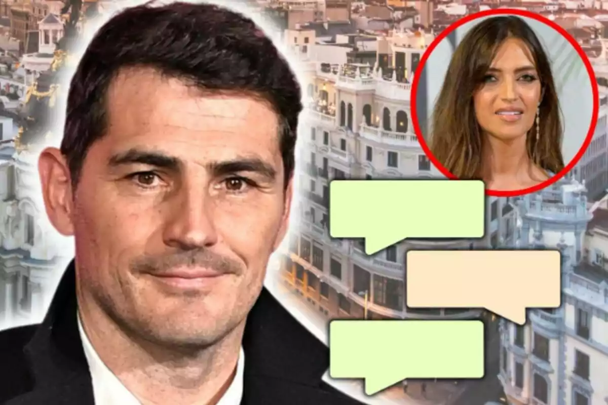 Muntatge de fotos de primer pla d'Íker Casillas i Sara Carbonero, tots dos amb rostre neutre i una imatge de Madrid de fons.