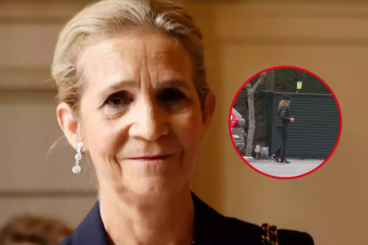 Muntatge de fotos d'un primer pla de la infanta Elena mirant a càmera i una captura del vídeo on se la pot veure arribant a la capella ardent de Fernando Gómez-Acebo