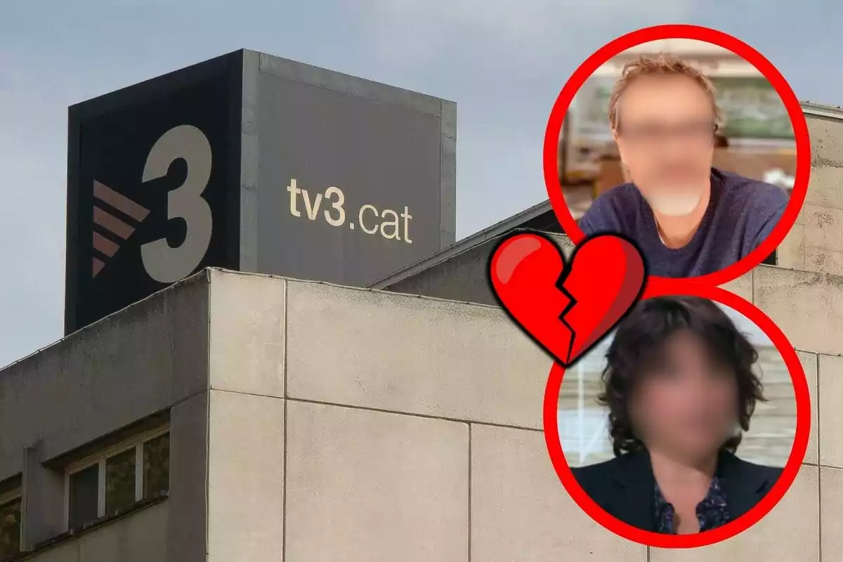 Edificio de TV3 con dos rostros difuminados en círculos rojos, que son Estel Solé y David Plana, y un corazón roto en el centro.