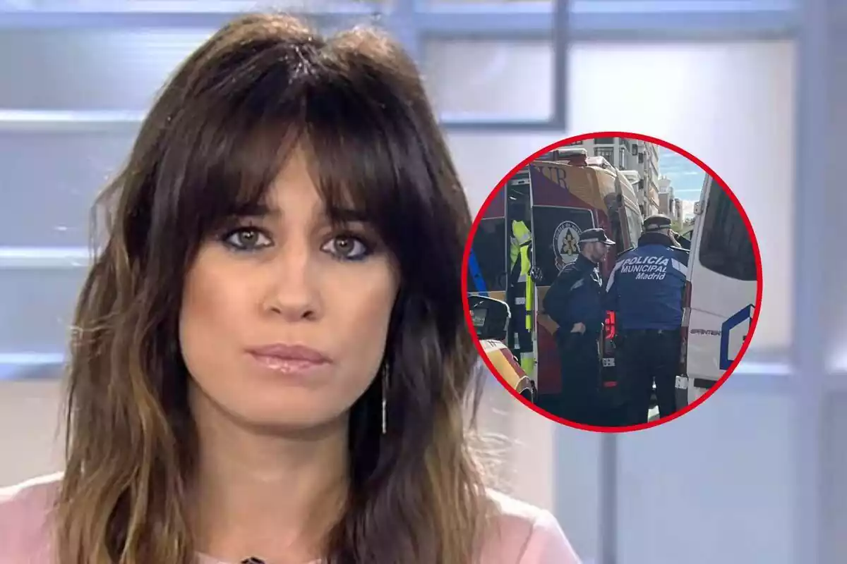 Muntatge de fotos d'Isabel Jiménez en primer pla durant els Informatius de Telecinco i una imatge de la policia municipal de Madrid