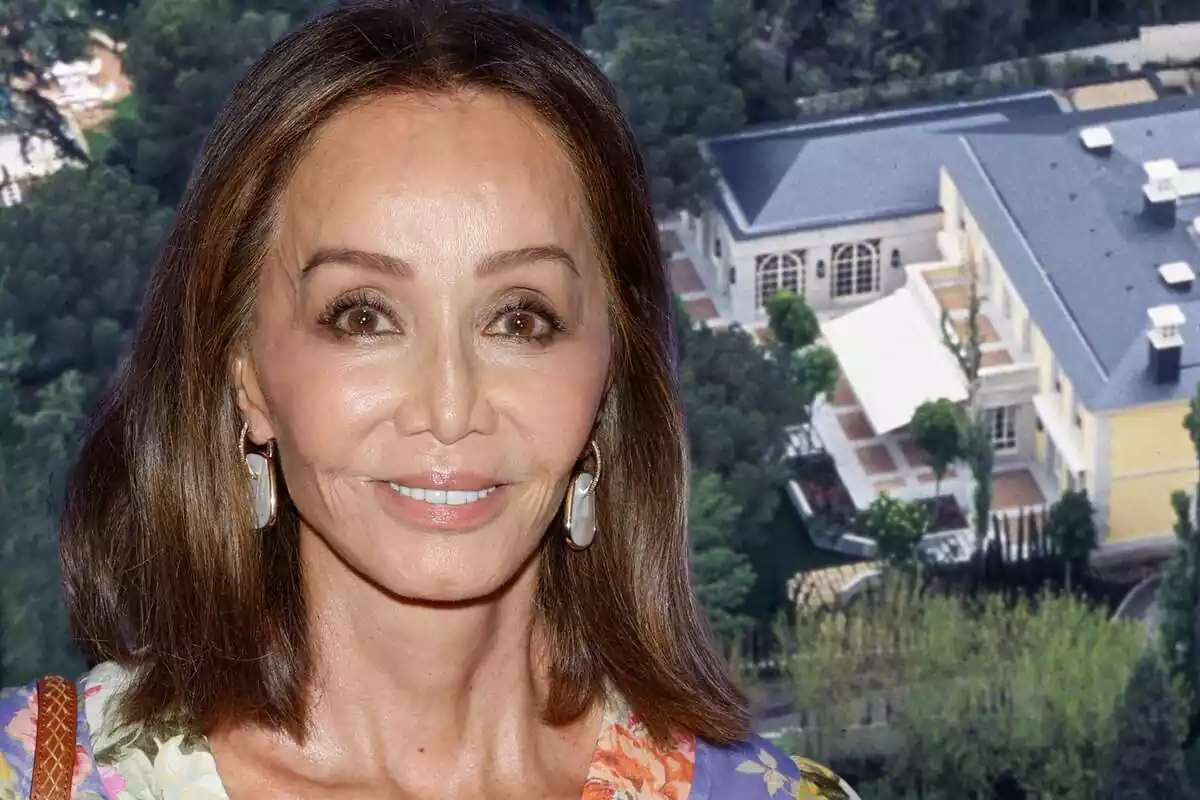 Muntatge de fotos d'Isabel Preysler en primer pla mirant a càmera somrient i de fons una imatge exterior de la seva mansió