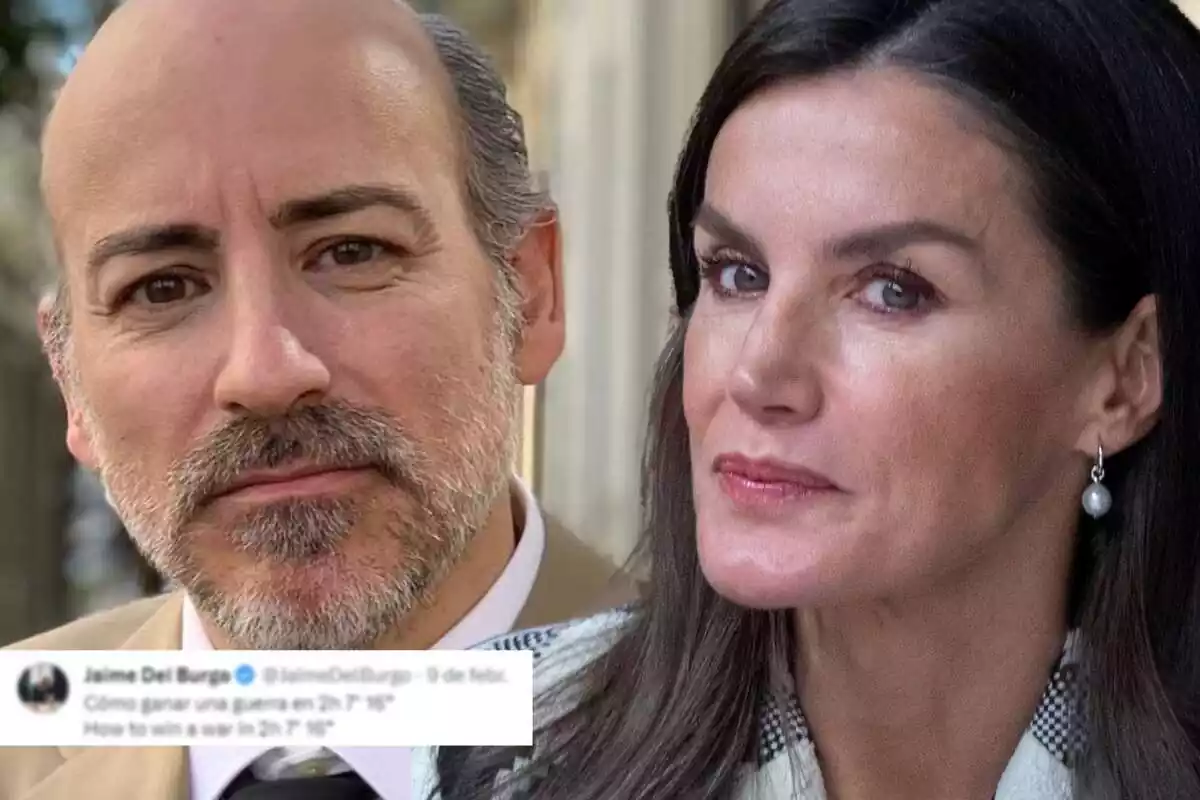 Muntatge de fotos en primer pla de Jaume del Burgo i la reina Letizia mirant a càmera i una captura de la darrera publicació de Twitter de Jaume del Burgo