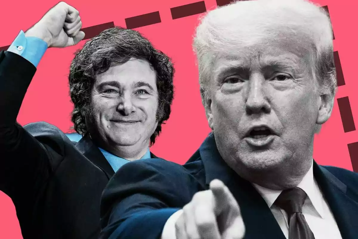 Dos hombres en traje -que son Javier Milei y Donald Trump- sobre un fondo rosa, uno levanta el puño y el otro señala hacia adelante.