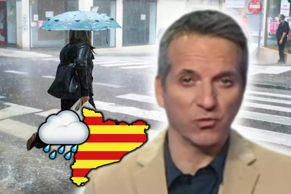 Una persona amb paraigua camina sota la pluja en un carrer mentre Jofré Janué apareix a primer pla al costat d'una icona de núvol i mapa de Catalunya.