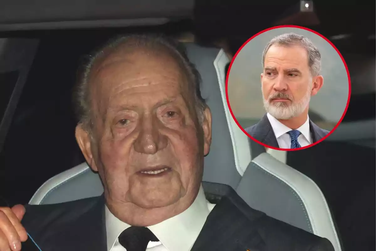 Muntatge amb Joan Carles I, somrient assegut en un automòbil, i Felip VI, molt seriós dins un cercle vermell