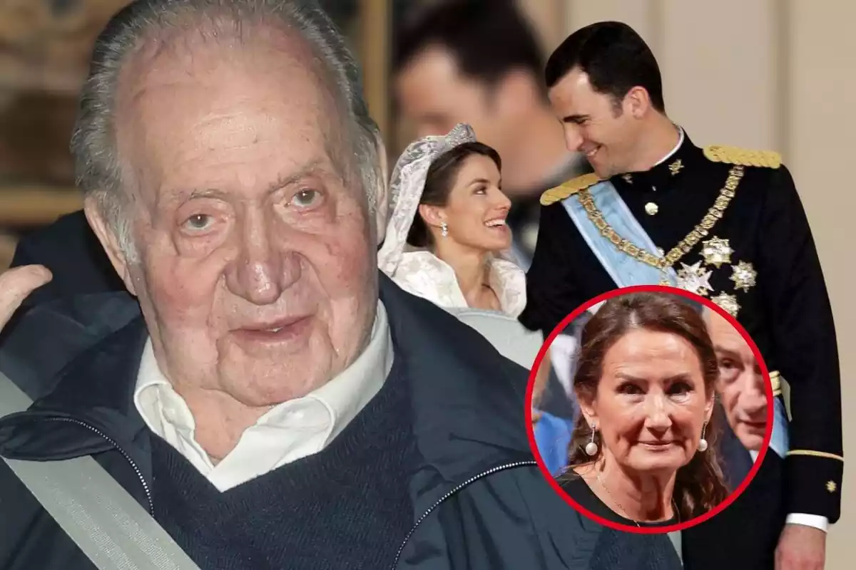 Muntatge de fotos del rei Joan Carles I en primer pla mirant a càmera al costat d'una imatge circular de Paloma Rocasolano i una imatge dels reis Letizia i Felipe recién casats