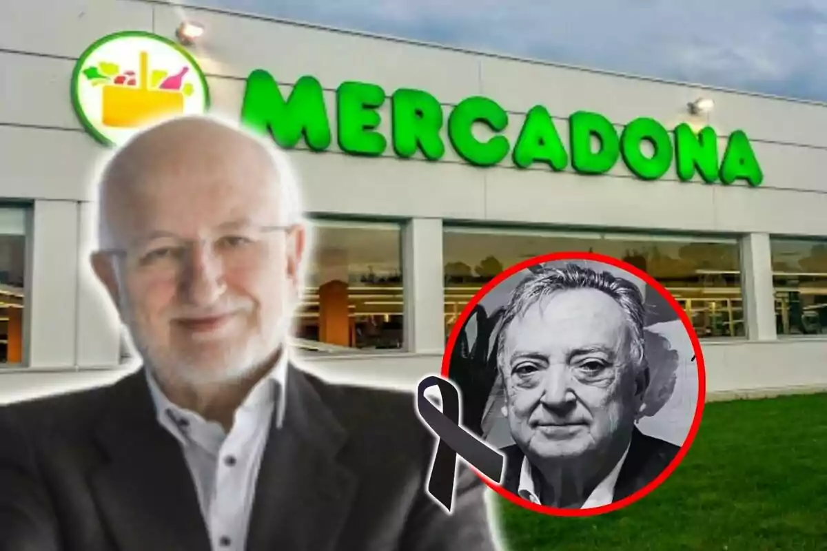 Juan Roig amb barba i ulleres apareix davant d'un supermercat Mercadona, al costat d'un cercle vermell que conté la imatge en blanc i negre de Miguel Bordeus amb un llaç negre de dol.